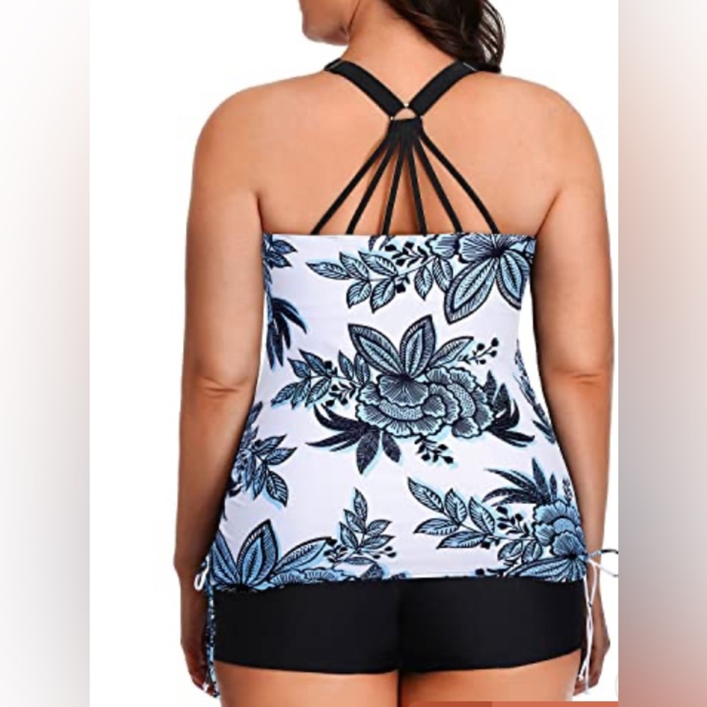 Women’s Plus Size Swimsuit Adjustable Straps Shorts-White And Blue Size XXL - Picture 3 of 7